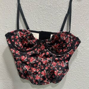Forever 21 Black Floral Bustier Crop Top with Red Rose Accents
